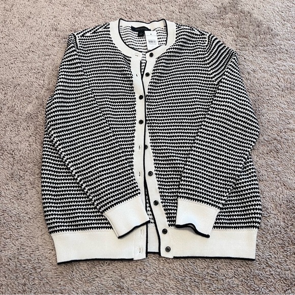 NEW ANN TAYLOR Black and white Striped Button Up Sweater - Picture 2 of 6